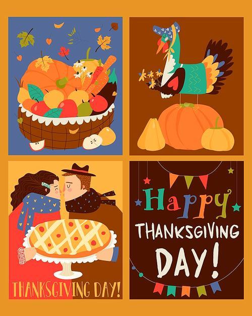 Vector set of Thanksgiving card with turkey and harvest