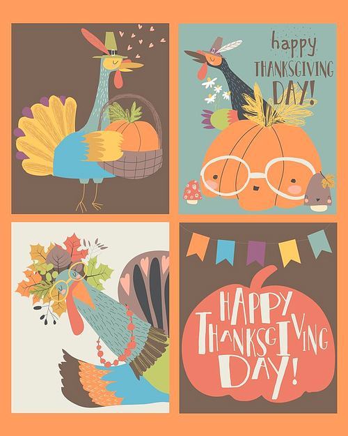 Vector set of Thanksgiving card with turkey and pumpkin
