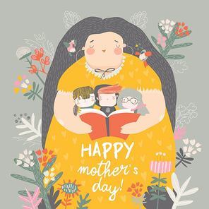 Cute mother reading book with her children in flowers. Mothers day holiday concept. Vector illustration