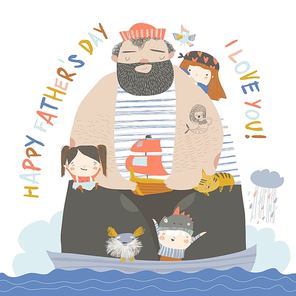 Big father sailing with children and animals at their ship. Vector illustration