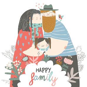 Happy family. Father, mother and daughter. Parents are keeping on the hands of their child. Vector illustration