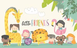 Cute children with cartoon animal. Happy friends. Vector illustration