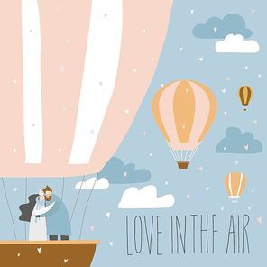 Cartoon couple in love in hot air balloon. Valentines day greeting card design