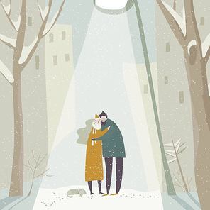 Cartoon couple in love hugging on snowing street. Vector illustration