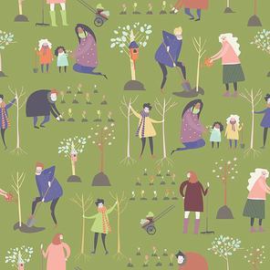 Vector seamless vector pattern with cartoon people are gardening in spring park