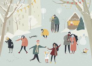 Cartoon happy people enjoying in the winter snowing street. Vector illustration