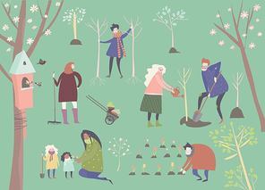 Cute cartoon people are gardening in spring park. Vector illustration