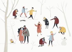 Cartoon happy people enjoying in the winter snowing forest. Vector illustration