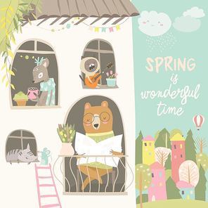 Cute animals look out of the windows. Hello spring. Vector illustration