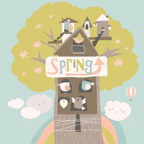 Cute little birds and birdhouse on spring tree. Vector illustration