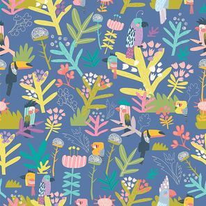 Vector seamless floral pattern with birds on blue background