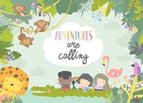 Vector cute frame composed of cartoon kids traveling with animals