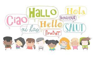 Group of cartoon kids talking in different languages. Vector isoated illustration