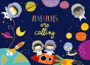 Vector frame composed of girls ans boys astronauts riding a rocket