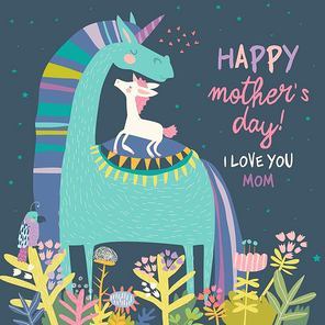 Cute Small Unicorn with Mom. Vector Illustration.