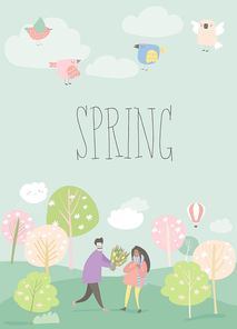 Cartoon happy couple in love in spring garden. Joyful emotions. Vector illustration in flat style