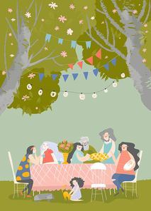 Cartoon happy family having dinner in blossom garden. Vector illustration