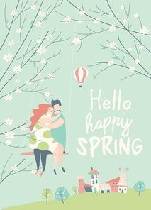 Cartoon happy couple in love riding on swing in spring garden. Joyful emotions. Vector illustration in flat style