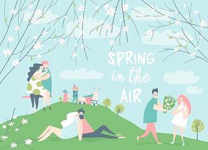 Cartoon happy couples in love in spring garden. Joyful emotions. Vector illustration in flat style