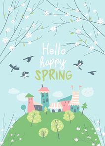 Cute little town in blossom trees. Hello spring. Vector greeting card