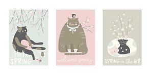 Vector cartoon set of cute cats with blossom branches