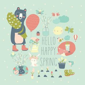 Cartoon characters and spring elements. Vector collection