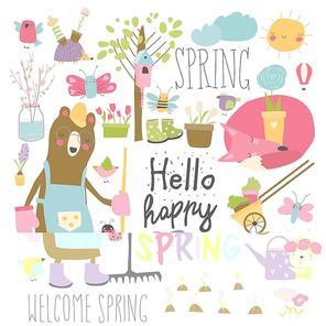 Cartoon characters and spring elements. Vector collection