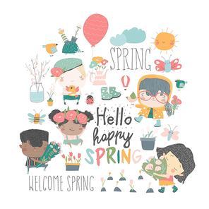 Cartoon kids and spring elements. Vector collection