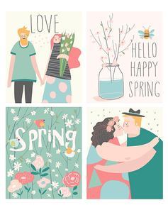 Vector cartoon set of couples in love and spring elements