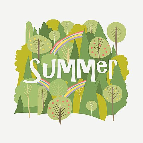 Vector cartoon summer forest with rainbow on white background