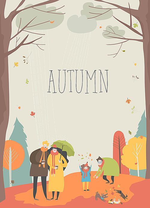 Cartoon people walking in autumn park. Joyful emotions. Joyful emotions. Vector illustration in flat style