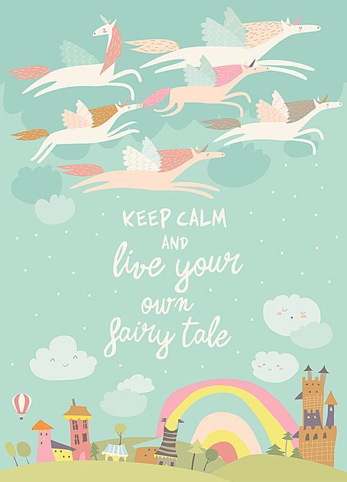 Cute magic unicorns flying above little town. Vector illustration