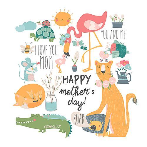 Vector set of cute cartoon animals mothers with their cubs