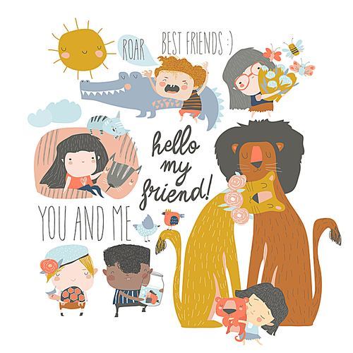 Vector set of cute cartoon kids with wild animals