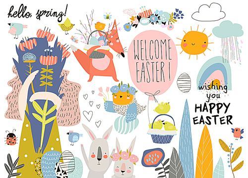 Cute cartoon animals with Easter theme. Happy Easter. Vector set