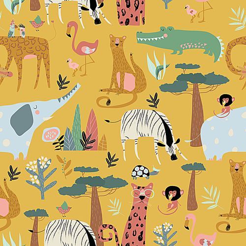 Vector seamless pattern of wild animals on yellow background