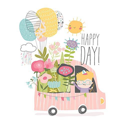 Little boy driving a car with flowers. Vector illustration