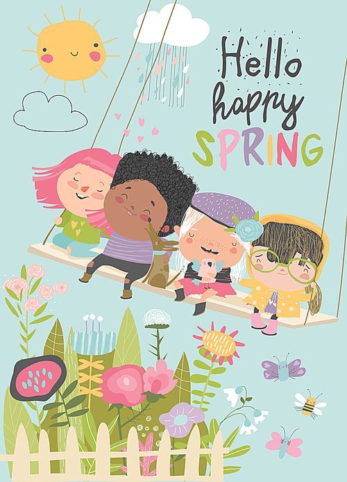 Happy kids flying on a swing in spring garden. Vector illustration