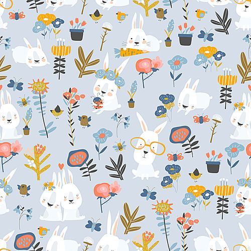 Vector seamless pattern of cute cartoon bunnies and color flowers on blue background