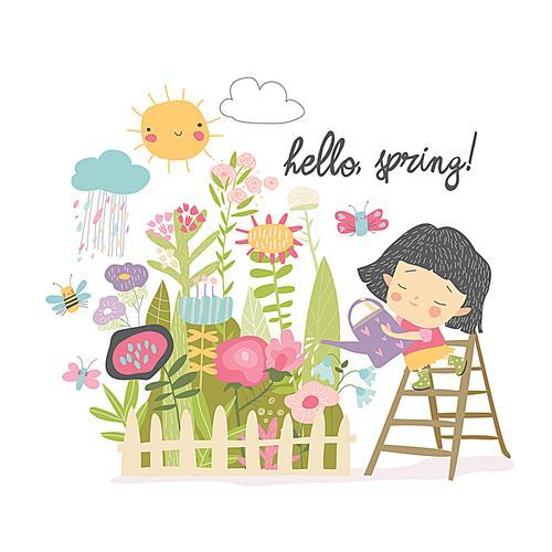 Happy girl watering flowers from a watering can in his garden. Vector illustration