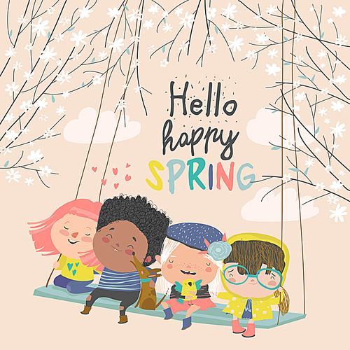 Happy kids flying on a swing in spring garden. Vector illustration