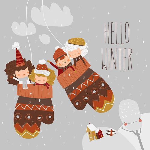 Cartoon happy children sitting in mittens. Hello winter. Vector illustration
