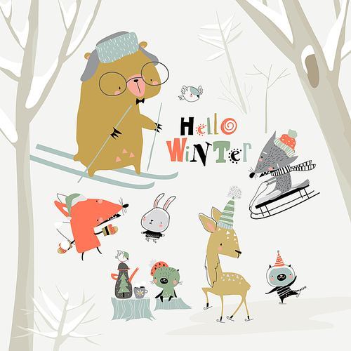 Vector set with cute animals in winter forest