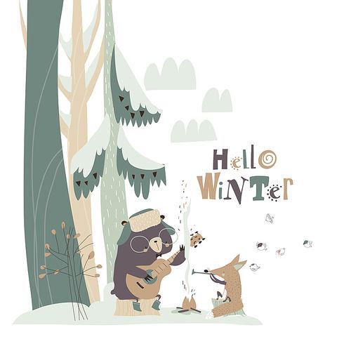 Cute fox with bear sitting by bonfire in winter forest. Vector illustration