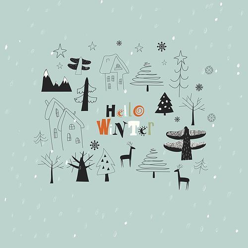 Winter landscape. The village in the forest on a background of mountains. Vector illustration