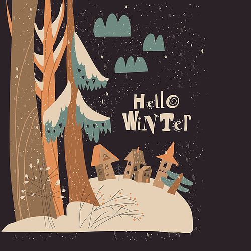 Winter night landscape with little village in the forest. Vector illustration