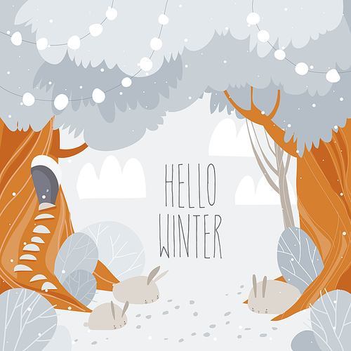 Cartoon winter forest with big trees and cute rabbits. Vector illustration