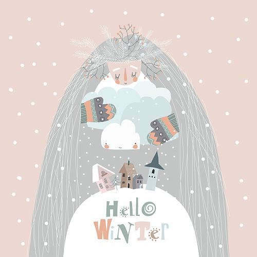 Vector conceptual Illustration of mother winter hugging clouds with snow