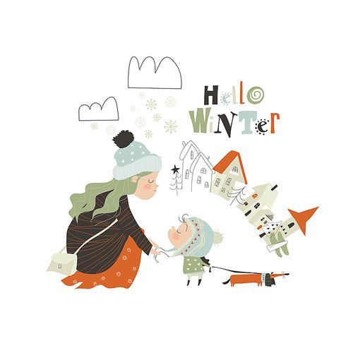 Beautiful mother helps her young daughter to tie the hat. Vector illustration