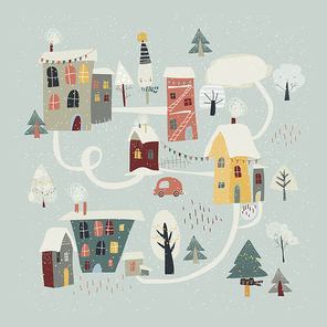 Cute little town covered snow. Vector illustration
